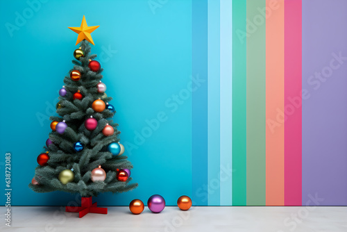 Christmas tree and gift box decoration on colorful background