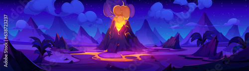Night volcano eruption cartoon illustration with lava fire. Volcanic mountain explosion with magma on earth background design. Active vulcano exploding with gases, flame and smoke nature landscape.