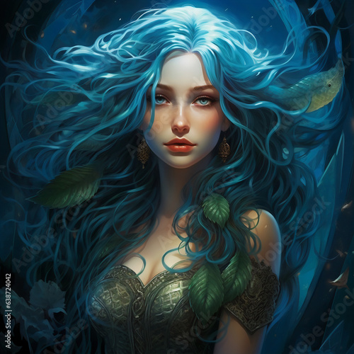 Moonlit Azure: A Blue-Haired Muse Amidst Nature's Monochrome Symphony, Generative AI