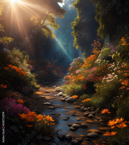 Beautiful fantasy landscape with a river and sun rays. 3d render Generative Ai