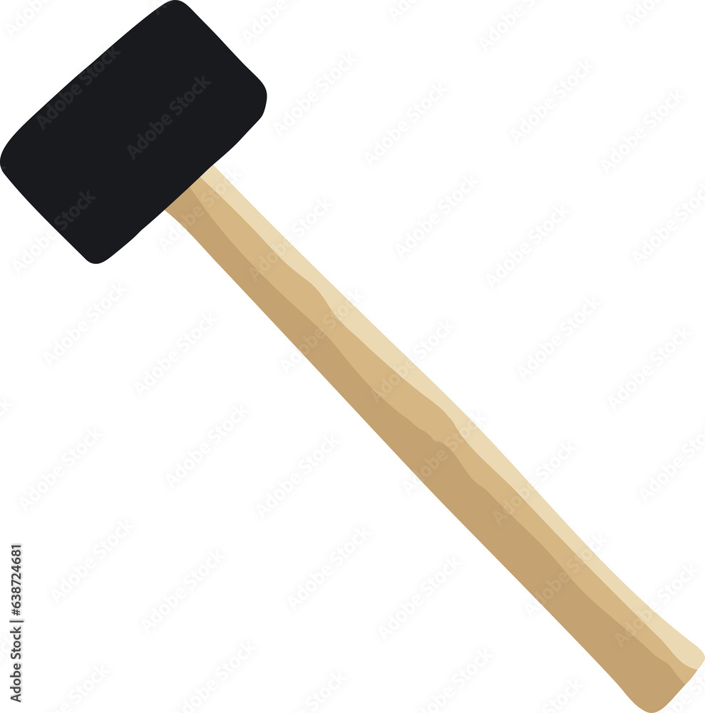 The black hammer has a long wooden handle. The black hammer has a long wooden handle.
