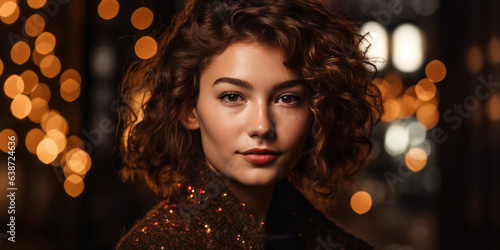 Beauty Woman in Festive Party. Beautiful Young Woman Model Brunette with curly hair on a Dark Background with blurred holiday or Christmas lights, Christmas and New Year party