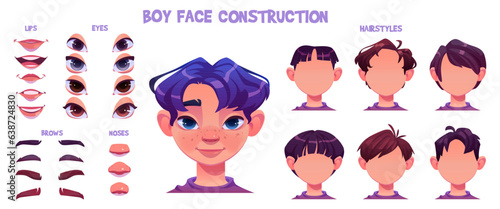 Boy character face avatar construction cartoon vector set. Animation constructor with hair, eye, mouth and brows for young child generator. Isolated ong collection for toddler head facial part