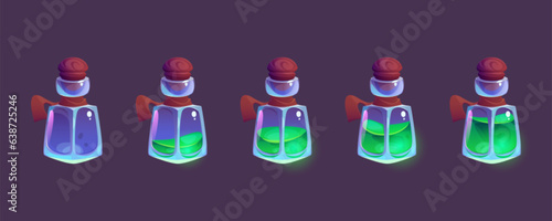 Chemical laboratory potion bottle for game app animation. Alchemist flask for fluid elixir or antidote empty and filling sprite sheet. Fantasy alchemy illustration asset set for wizard rpg interface