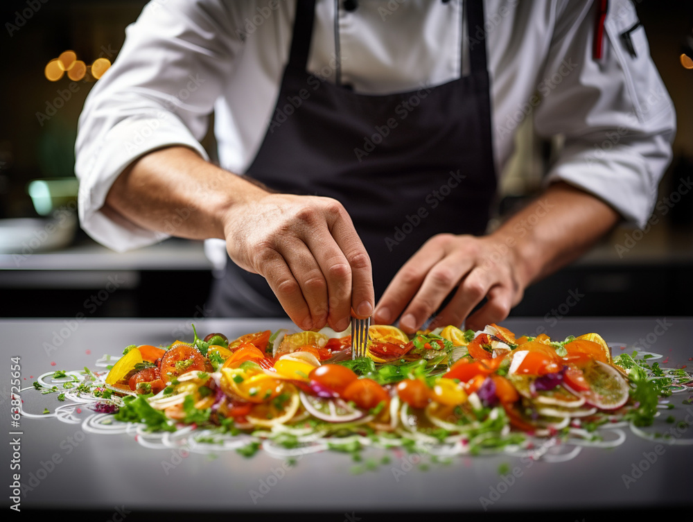 Artistry on a Plate: Close-Up of a Modern Food Stylist Decorating a Meal for Impeccable Presentation in a Restaurant