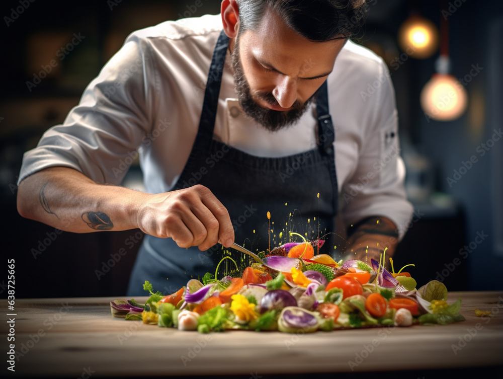 Artistry on a Plate: Close-Up of a Modern Food Stylist Decorating a Meal for Impeccable Presentation in a Restaurant Artistry on a Plate: Close-Up of a Modern Food Stylist Decorating a Meal for Impeccable Presentation in a Restaurant