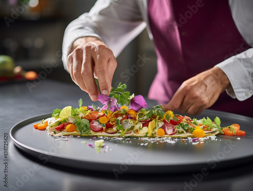 Artistry on a Plate  Close-Up of a Modern Food Stylist Decorating a Meal for Impeccable Presentation in a Restaurant