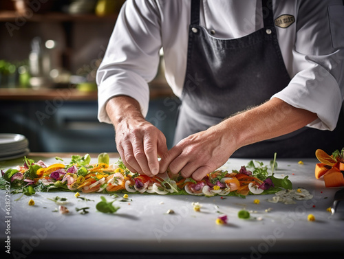 Artistry on a Plate: Close-Up of a Modern Food Stylist Decorating a Meal for Impeccable Presentation in a Restaurant