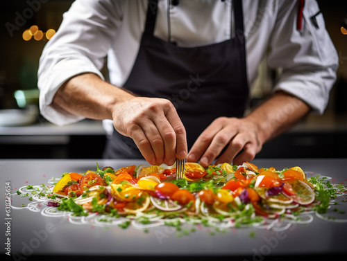 Artistry on a Plate: Close-Up of a Modern Food Stylist Decorating a Meal for Impeccable Presentation in a Restaurant