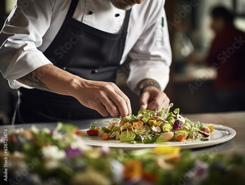 Artistry on a Plate: Close-Up of a Modern Food Stylist Decorating a Meal for Impeccable Presentation in a Restaurant