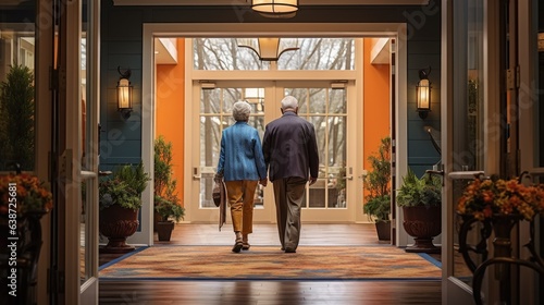 elderly couple walking through the doors of a retirement home (Generative AI)