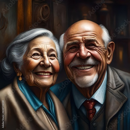 a digital oil painting of a fictional Caucasian old happy married couple in love