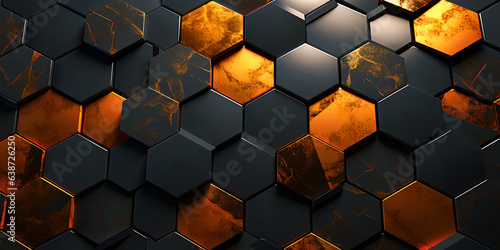Hexagon steel pattern, abstract seamless background, gold lights, vibrating and blury background, Generative AI