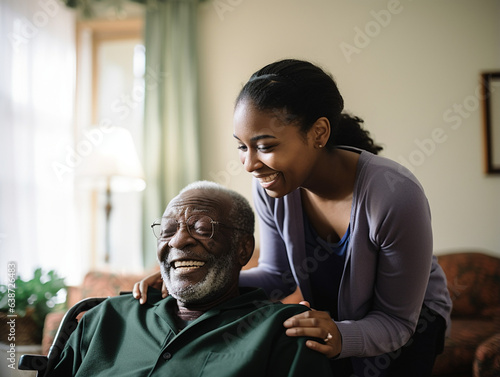 Compassionate Bonds: Side View Portrait of a Young Black Woman Assisting a Senior Man in a Nursing Home
