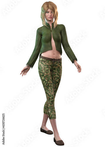 3D Render of Blond girl in casual green outfit