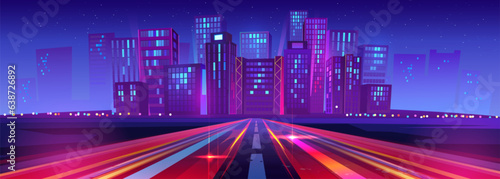 Road with high-speed lights leads to city with multi-storey buildings against clear starry sky. Futuristic cityscape with buildings, neon glow, highway with motion effect. Cartoon vector illustration.