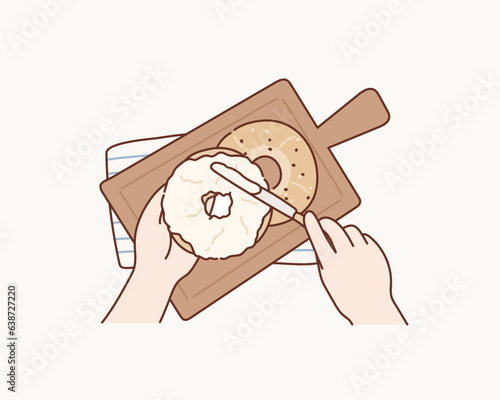Toasted bagel with cream cheese. Female spread cream cheese on a bagel. Top view. Hand drawn style vector design illustrations.