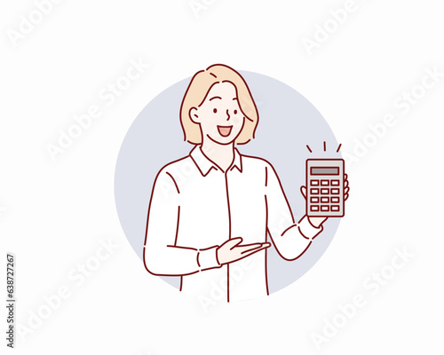 woman holding a calculator in the hands. Hand drawn style vector design illustrations.