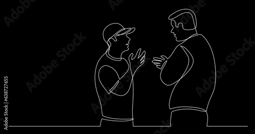 continuous line drawing vector illustration with FULLY EDITABLE STROKE of two persons having conversation talking as concept of communication