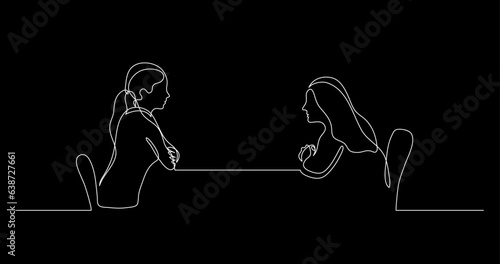 continuous line drawing vector illustration with FULLY EDITABLE STROKE of two persons having conversation talking as concept of communication