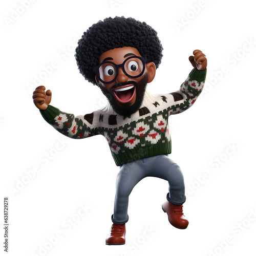 3D cartoon character black young man Wearing a Christmas sweater dancing have fun  isolated on white and transparent background  ai generate