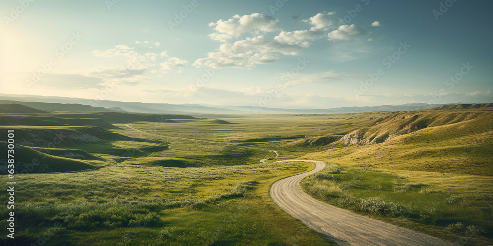 Winding road landscape under a blue sky with fluffy clouds. The beauty of nature and the great outdoors is highlighted.