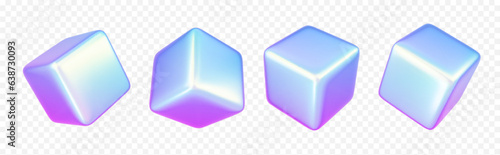 3d holographic cube shape abstract vector graphic isolated on transparent background. Gradient geometric square figure render icon design in pink and blue hologram effect. Creative futuristic polygon