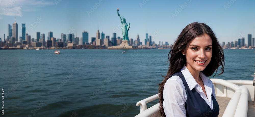 Professional Businesswoman in Front of Statue of Liberty. American Woman. Career Abroad Concept.