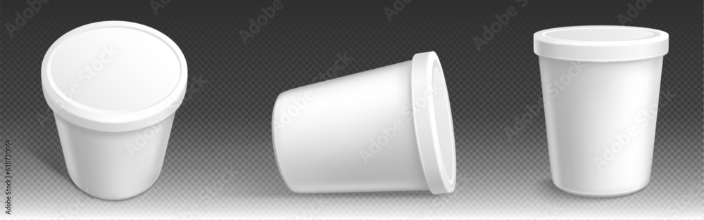 Ice cream package, white plastic container. 3d mockup of blank bucket with lid for yogurt, dairy products, butter or gelato. Round food jar with cap in front and angle view, vector realistic set Ice cream package, white plastic container. 3d mockup of blank bucket with lid for yogurt, dairy products, butter or gelato. Round food jar with cap in front and angle view, vector realistic set