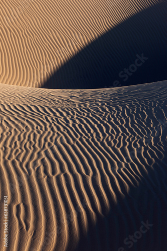 Detail of patterns and shadows on sand dunes vertical