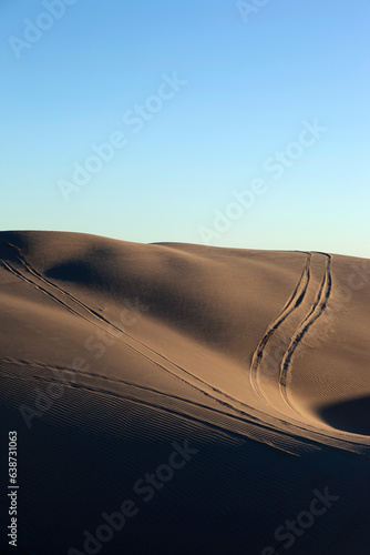 Rolling sand dunes with wheel ruts and shadow vertical