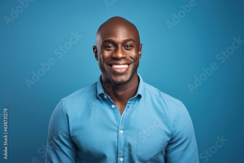 Portrait of a Black Man Smiling Blue Clothes Background AI Generated