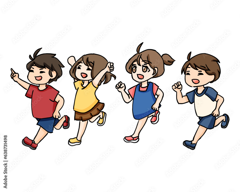 four small children are running. hand drawn kids illustration four small children are running. hand drawn kids illustration