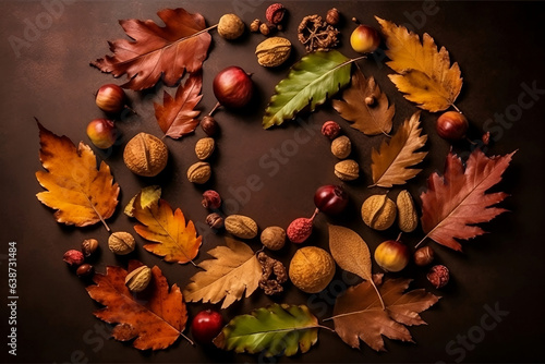 wreath of leaves and acorns. 