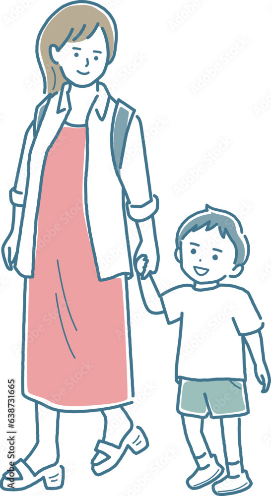 手つないで歩く母親と子供 全身 手つないで歩く母親と子供 全身