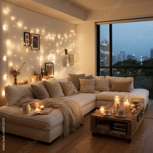 Gemütliches Wohnzimmer, Sofa, Weihnachten, Lichterkette, Kuscheln, Winter, Herbst, Entspannen, genießen, Decken, Kissen, Kerzen