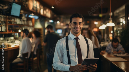 Waiter holds a tablet in a restaurant and smiles