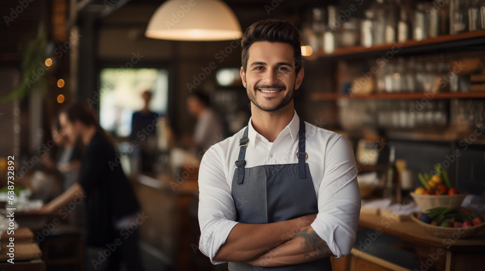 Fototapeta premium Waiter holds a tablet in a restaurant and smiles