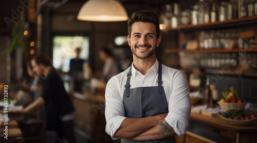 Waiter holds a tablet in a restaurant and smiles