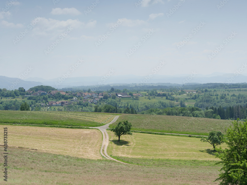 Obraz premium Schwarzwaldlandschaft. Wanderung rund um Raitbach (Schopfheim). Ebene und den Feldern zwischen Raitbach und Sattelhofweg. Blick auf das Dorf Kürnberg 
