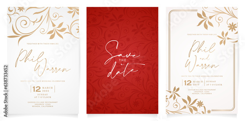 Three set Wedding invitation card template with gold ornament swirl for Stationery, Layouts, collages, scene designs, event flyers, print materials, Holidays celebrations cards paper, screen printings