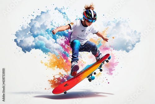 Skateboarding jumping on the air with color splashing