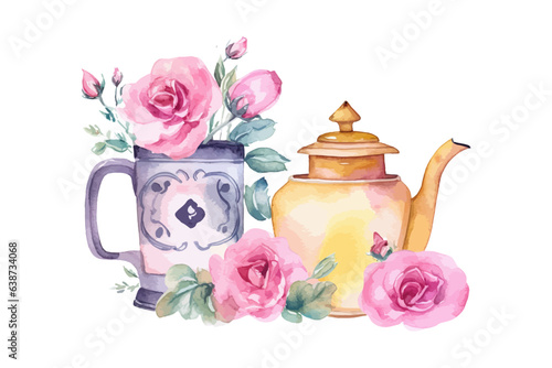 Watercolor romantic with home teapot. Vector illustration design.