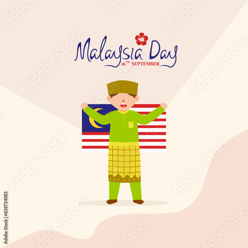 Cute boy holding flag to celebrate Malaysia day. Happy Malaysia day poster with hand writing. Cartoon faceless style.