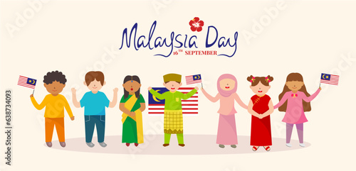 Malaysia day banner vector illustration. Cute cartoon of Malay, Indian, Chinese, and Arabic in traditional costume. Faceless style. 16 September.