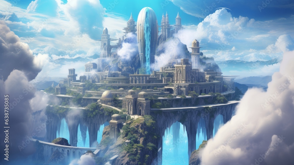 Floating citadel with cascading waterfalls in the sky | generative ai