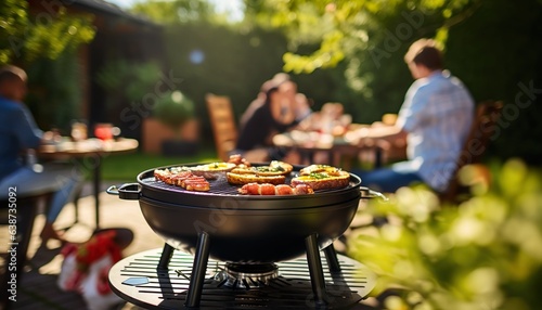 Barbecue grill during a party in the backyard with many friends