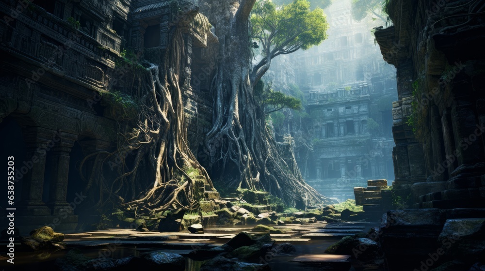 Giant ancient tree roots intertwining with ancient ruins | generative ai