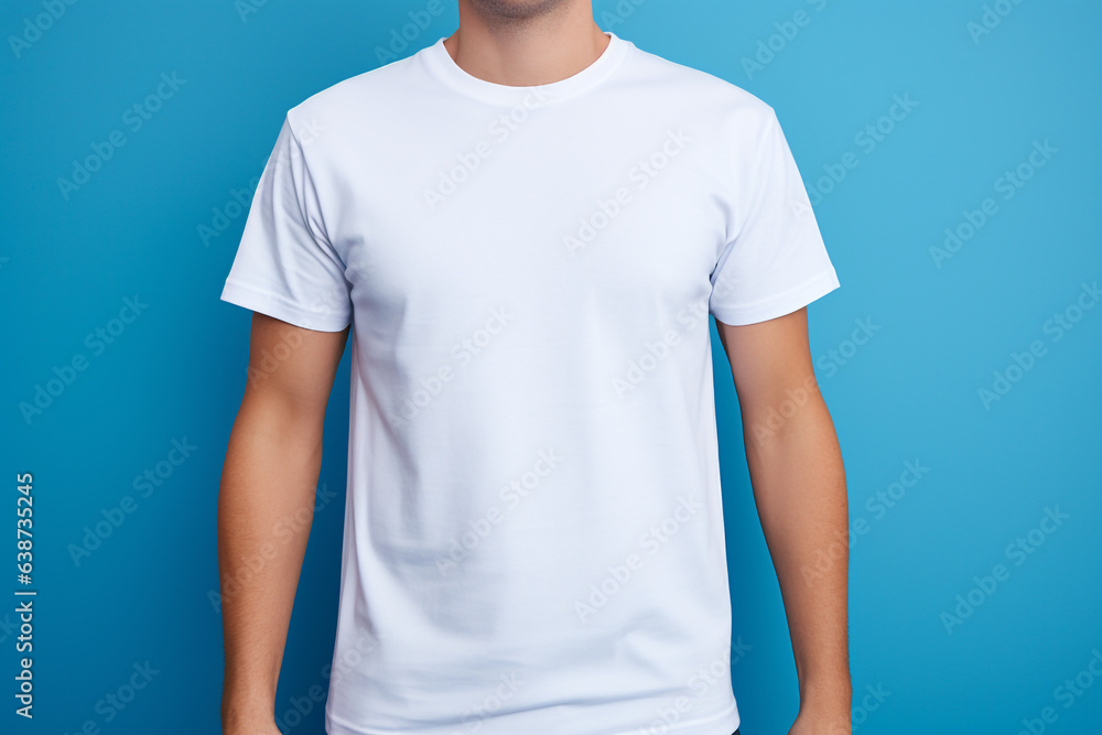 mockup of a basic white t shirt on a male clean, blue background mockup of a basic white t shirt on a male clean, blue background