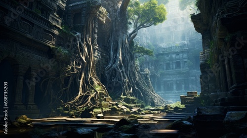 Giant ancient tree roots intertwining with ancient ruins   generative ai